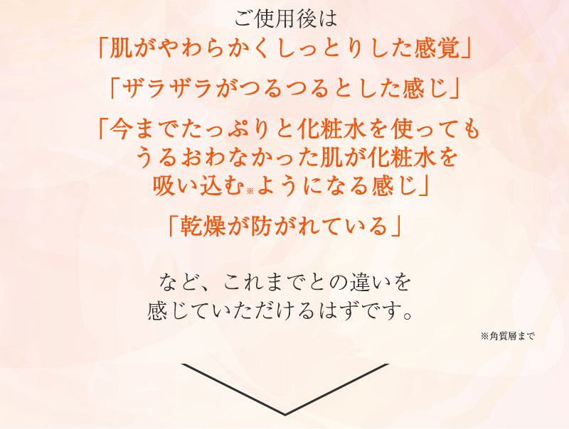 ご使用後は、肌がやわらかくしっとりした感覚や、ザラザラがつるつるとした感じ、今までたっぷりと化粧水を使っても潤わなかった肌が化粧水を吸い込むようになる感じ、乾燥のムズムズが防がれているなど、これまでとの違いを感じていただけるはずです。