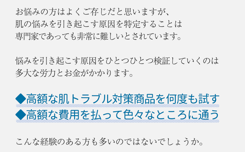 お悩みの方はよくご存知だと思いますが、肌の悩みを引き起こす原因を特定することは、専門家であっても非常に難しいとされています。悩みを引き起こす原因そのものを除去することが目的の「原因対処」では、可能性をひとつひとつ検証していくのに、多大な労力とお金がかかります。◆高額な肌トラブル対策商品を何度も試す◆専門機関に高額な費用を払って通い続けるこんな経験のある方も多いのではないでしょうか。